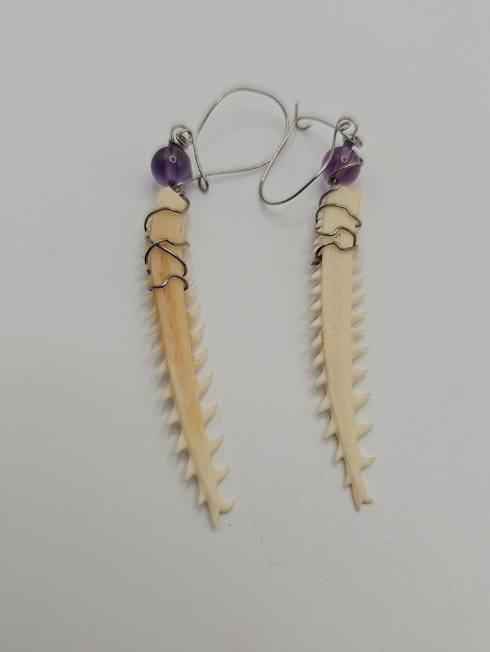 Handmade Purple Bead Stingray Barb Dangle Earrings With Purple Glass Bead